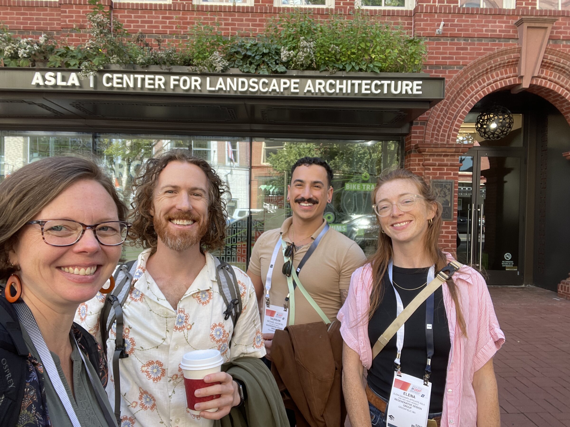 Smiling faces outside the Center for Landscape Architecture. L to R: Rachel Lindsay, fellow Conway School alum Jordan Clark, Taurean Gagnon, and Elena Zachary